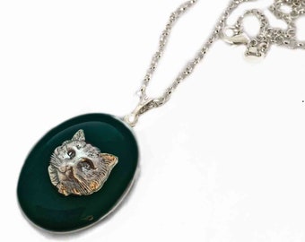 Vintage Stil Katze Medaillon: Handbemalte Emaille Haustier Halskette