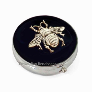 Queen Bee Pill Box: Hand Painted Black Enamel, Art Nouveau Design