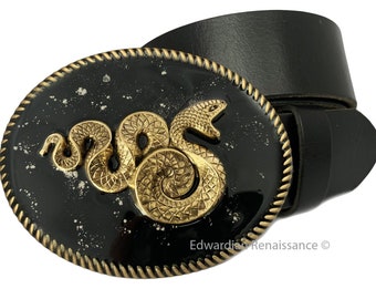 Boucle de ceinture de serpent incrustée en noir peint à la main avec Silver Splash Émail Gothique Victorian Serpent Oval Buckle avec options de couleur