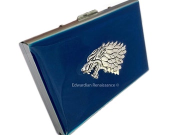 Wolf Wallet in Hand Painted Navy Opaque Enamel Medieval Motif RFID Credit Card Case Personalize and Color Options