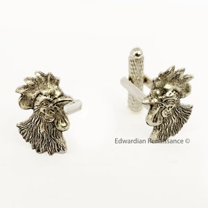 Rooster Head Cufflinks: Antique Silver French Country Style