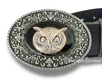 Hebilla de cinturón de búho de plata antigua: brocado de esmalte pintado a mano