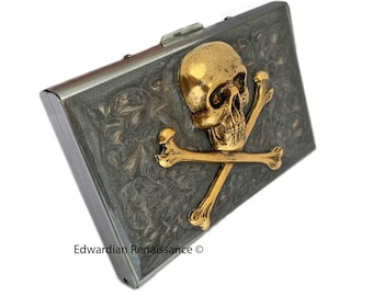 Gold Skull and Crossbones Credit Card Wallet RFID Blocker Inlaid in Hand Painted Enamel 3D Gothic Design Personalize and Color Options