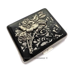 Flower Pill Box with 8 Compartments Inlaid in Hand Painted Black Ink Swirl Enamel Art Nouveau Bouquet Personalize and Color Options