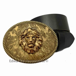 Löwenkopf Gürtelschnalle: Handbemalte goldene Emaille, Sternzeichen Löwe