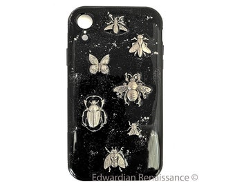 Bugs Iphone or Galaxy Case Inlaid in Hand Painted Enamel Black w Silver Splash Design Art Deco Inspired Phone Cover Custom Colors Available