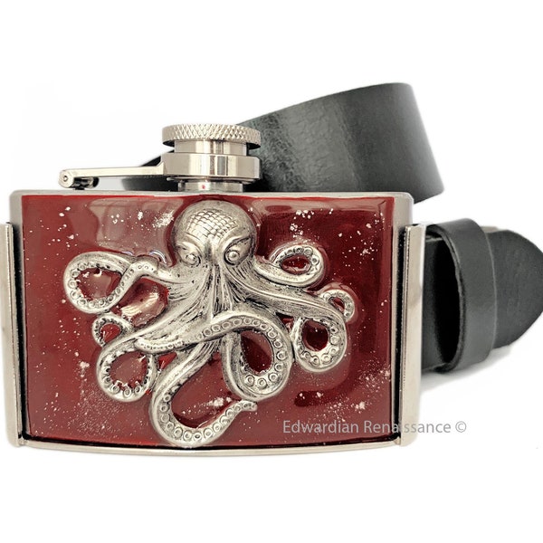Octopus Flask Belt Buckle Inlaid in Hand Painted Ox Blood Silver Splash Enamel Gothic Nautical with Personalized and Color Options Available