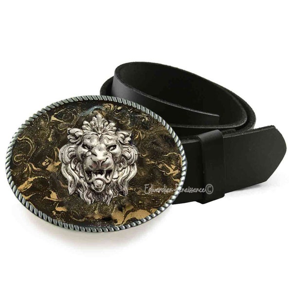 Antique Silver Lion Belt Buckle Neo Classic Gargoyle Inspired Inlaid in Black Enamel with Gold Swirl with Custom Colors Available