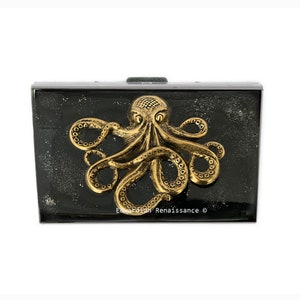 Cartera de tarjeta de crédito Octopus con incrustaciones en negro pintado a mano con Siver Splash Esmalte Diseño Náutico Kraken con opciones personalizadas y de color
