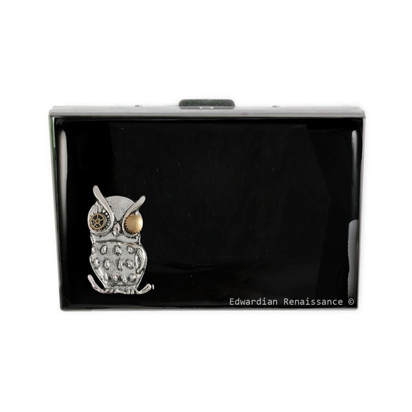 Mechanical Owl Credit Wallet with Accordion Organizer Steampunk Industial RFID Blocker Metal Case with Personalized and Color Options