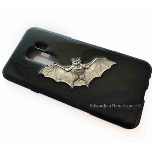 Vampire Bat Galaxy or Iphone Case Inlaid in Hand Painted Glossy Black Enamel Gothic Victorian 360 Degree Case Magnetic Closure