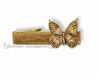 Antique Gold Butterfly Tie Clip: Hand Painted Enamel Art