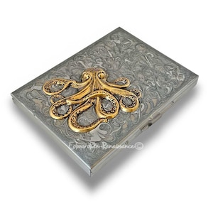 Antique Gold Octopus Cigarette Case Inlaid in Hand Painted Silver Swirl Enamel Nautical Design Kraken Personalized and Color Options