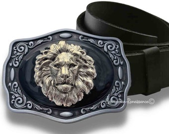 Boucle de ceinture tête de lion en argent antique incrustée d'émail noir peint à la main, motif lion néo-victorien avec choix de couleurs