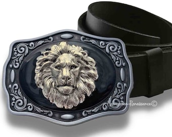 Antique Silver Lions Head Belt Buckle Inlaid in Hand Painted Black Enamel Neo Victorian Leo Design with Color Options