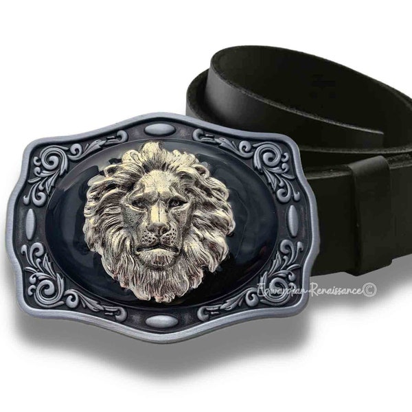 Antique Silver Lions Head Belt Buckle Inlaid in Hand Painted Black Enamel Neo Victorian Leo Design with Color Options