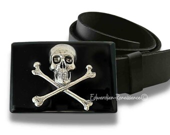 Antique Silver Skull and Crossbones Belt Buckle Inlaid in