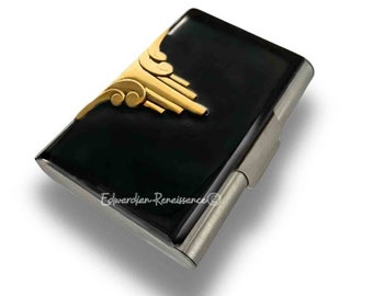 Art Deco Business Card Case: Black Enamel Inlay, Personalized Option
