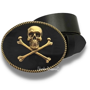 Antique Gold Skull & Crossbones Belt Buckle: Hand Painted Enamel