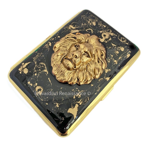 Lion Head Gold Cigarette Case in Hand Painted Black Enamel Venetian Leo Inspired with Custom Engraving and Color Options