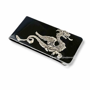 Clip para billetes de dragón de plata antigua con incrustaciones de esmalte negro pintado a mano inspirado en Juego de Tronos con opciones de color y personalización