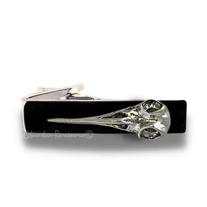 Antique Silver Crow Skull Tie Clip Inlaid In Hand Painted Onyx Enamel Raven Tie Bar Accent Vintage Style with Color Options Available