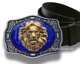 Lion Head Belt Buckle Inlaid in Hand Painted Glossy Cibalt Blue Enamel Vintage Style with Assorted Color Options