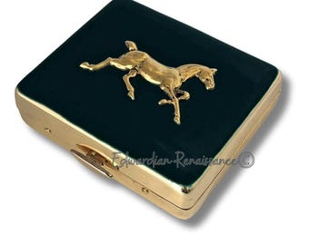 Pillendoosje Gold Horse: handgeschilderd zwart email, vintagestijl, gepersonaliseerd