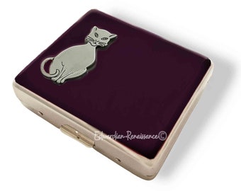 Antique Silver Cat Pill Box: Hand Painted Enamel, 8-Compartment