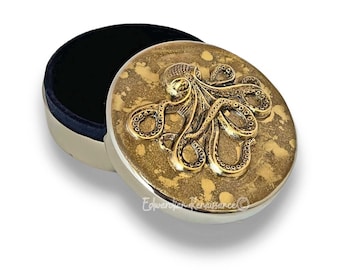 Antique Gold Octopus Jewelry Box Inlaid in Hand Painted Gold Enamel Neo Victorian Nautical Design with Personalized and Color Options