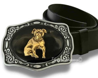 Antique Gold Bulldog Belt Buckle: Hand-Painted Enamel, Vintage Style