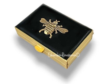 Antique Gold Bee Pill Box Inlaid in Hand Painted Glossy Black Enamel Art Deco Inspired Insect with Personalized and Color Options