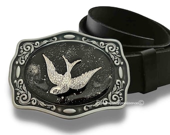 Antique Silver Swallow Belt Buckle: Hand Painted Enamel Bird Design