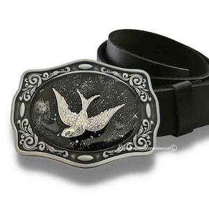 Antique Silver Swallow Belt Buckle: Hand Painted Enamel Bird Design