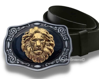 Antique Gold Lion Head Belt Buckle: Hand-painted Enamel  display picture 2