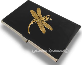 Tarjetero antiguo con diseño de libélula dorada: esmalte negro pintado a mano