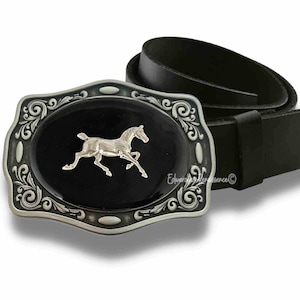 Antique Silver Horse Belt Buckle: Hand-Painted Enamel, Vintage Style