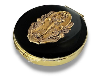 Art Nouveau Lady Pill Box with 7 Compartments in Hand Painted Black Enamel Flower Nymph Vintage Style with Personalized and Color Options