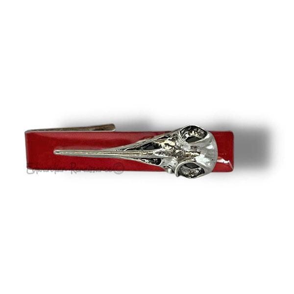 Antique Silver Crow Skull Tie Clip Inlaid In Hand Painted Red Enamel Raven Tie Bar Accent Vintage Style with Color Options Available