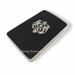 Dragon Crest Cigarette Case Metal Wallet Medieval Style in Hand Painted Glossy Black Enamel with Personalized Gift and Colors Options