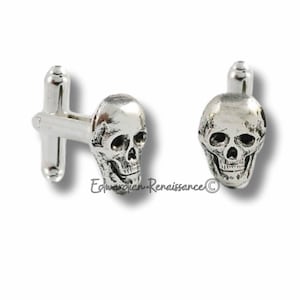 Skull Cuff Links: Gothic Skeleton Tie Clip Set, Antique Sterling Silver Finish