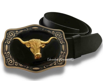 Antique Gold Longhorn Bull Belt Buckle: Hand Painted Western Enamel