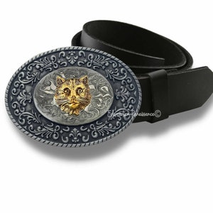 Gold Cat Belt Buckle Inlaid in Hand Painted Silver Swirl Enamel Vintage Style Available in Other Colors