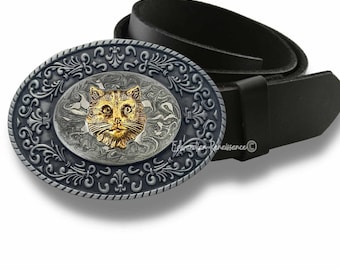 Boucle De Ceinture Occasion Motif Chat Avec Faux Diamants - Ovale Rouge - Pour Homme