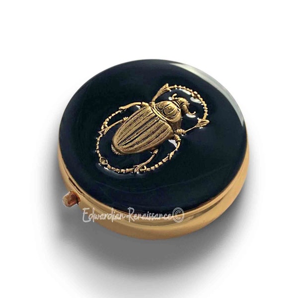 Antique Gold Scarab Pill Box Inlaid in Hand Painted Black Enamel Vintage Style Egyptian Beetle Design with Personalized and Color Options
