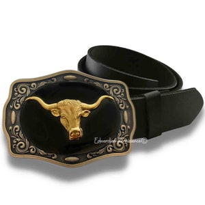 Antique Gold Longhorn Bull Belt Buckle: Hand Painted Western Enamel