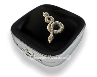 Snake Pill Box Inlaid in Hand Painted Black Enamel Vintage Style Serpent Design with Personalized and Color Options Available