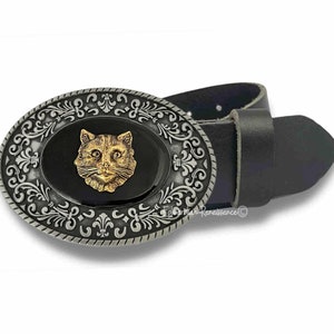 Cat Belt Buckle Inlaid in Hand Painted Black Enamel Vintage Style Feline with Color Options