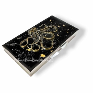 Octopus Pill Box: Hand Painted Black Enamel, Gold Nautical Weekly Pill Case