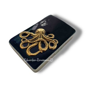 Antique Gold Octopus Cigarette Case Inlaid in Hand Painted Black Enamel Neo Victorian Kraken Metal Wallet with Personalized and Color Option